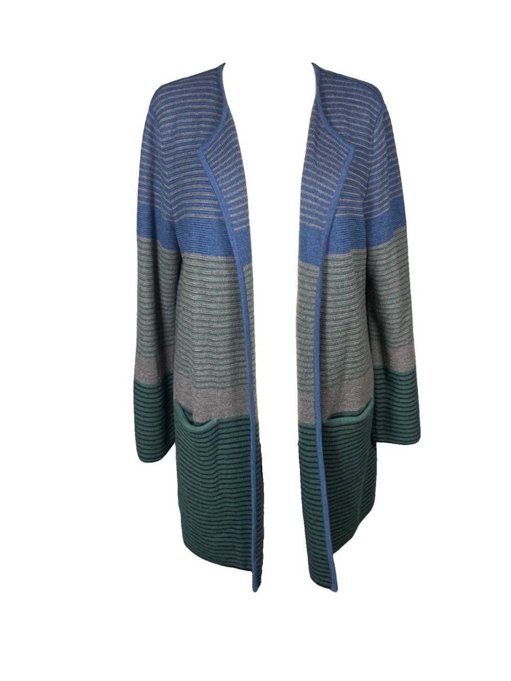 Talbots Merino Wool Long Open Cardigan Sweater Size Large Striped Green Blue